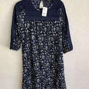 Suzanne Betro Woman Navy Floral Lace Yoke Bishop- Sleeve Dress, Size S